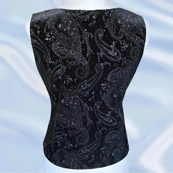 Vintage 90s Black Velvet Tank Top with Glitter Silver Paisley Pattern Whimsigoth - Picture 2 of 6